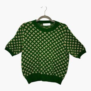 Knit Mix Green Geometric Short Sleeve Sweater Retro Mod Preppy Large